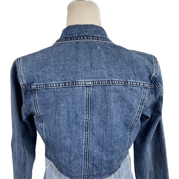 LUCKY BRAND Remade Distressed Denim Waisted Trucker Jacket Raw Frayed Hem XS - Picture 14 of 15